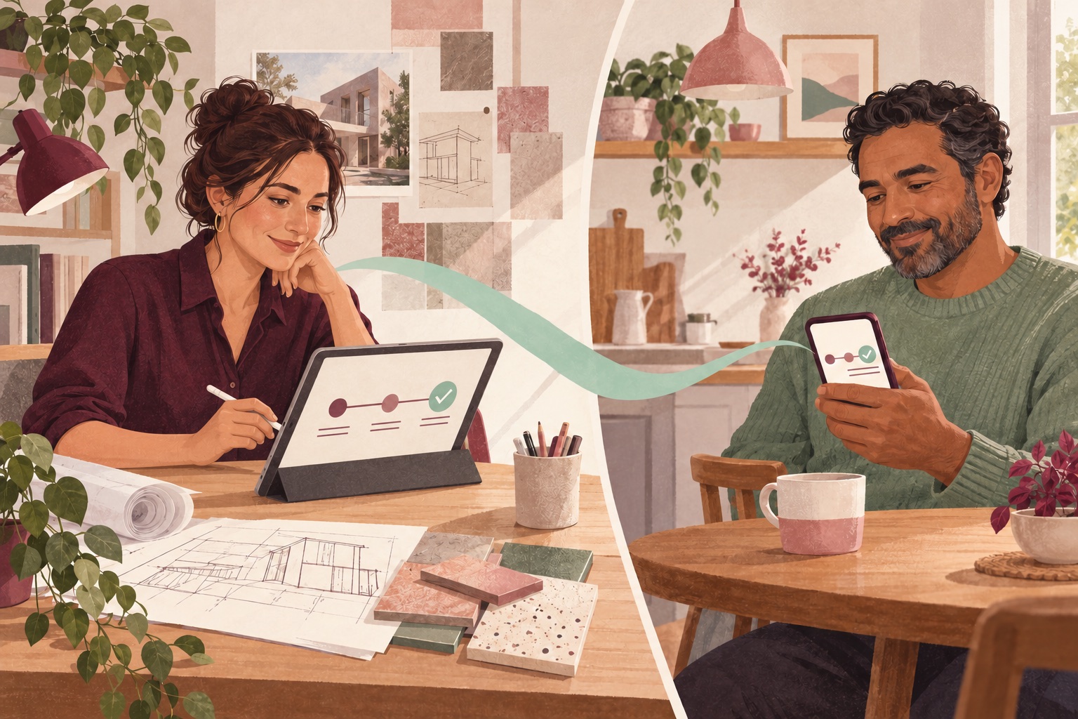 Editorial illustration of a project manager and a client viewing different parts of the same project on a tablet and phone.