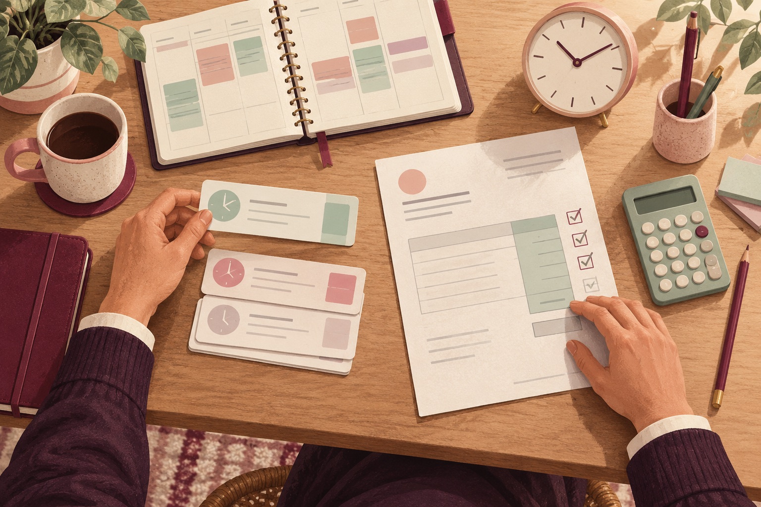 Illustration of recorded work being organised into an invoice for review.
