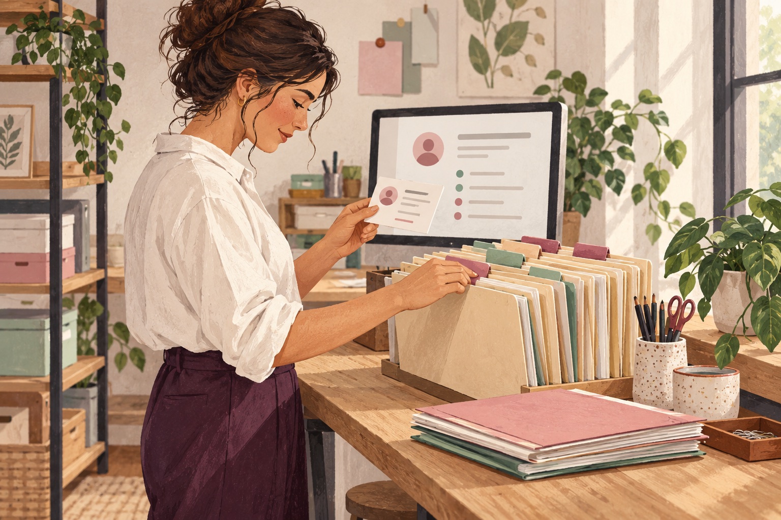 Illustration of a business owner organising client records and follow-up tasks.