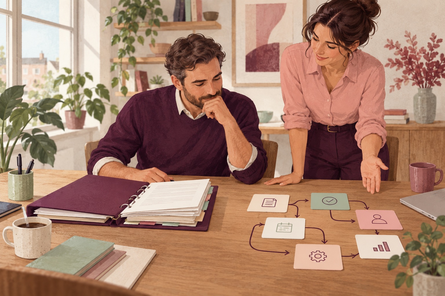 Illustration of colleagues comparing human responsibilities with repeatable workflow steps.