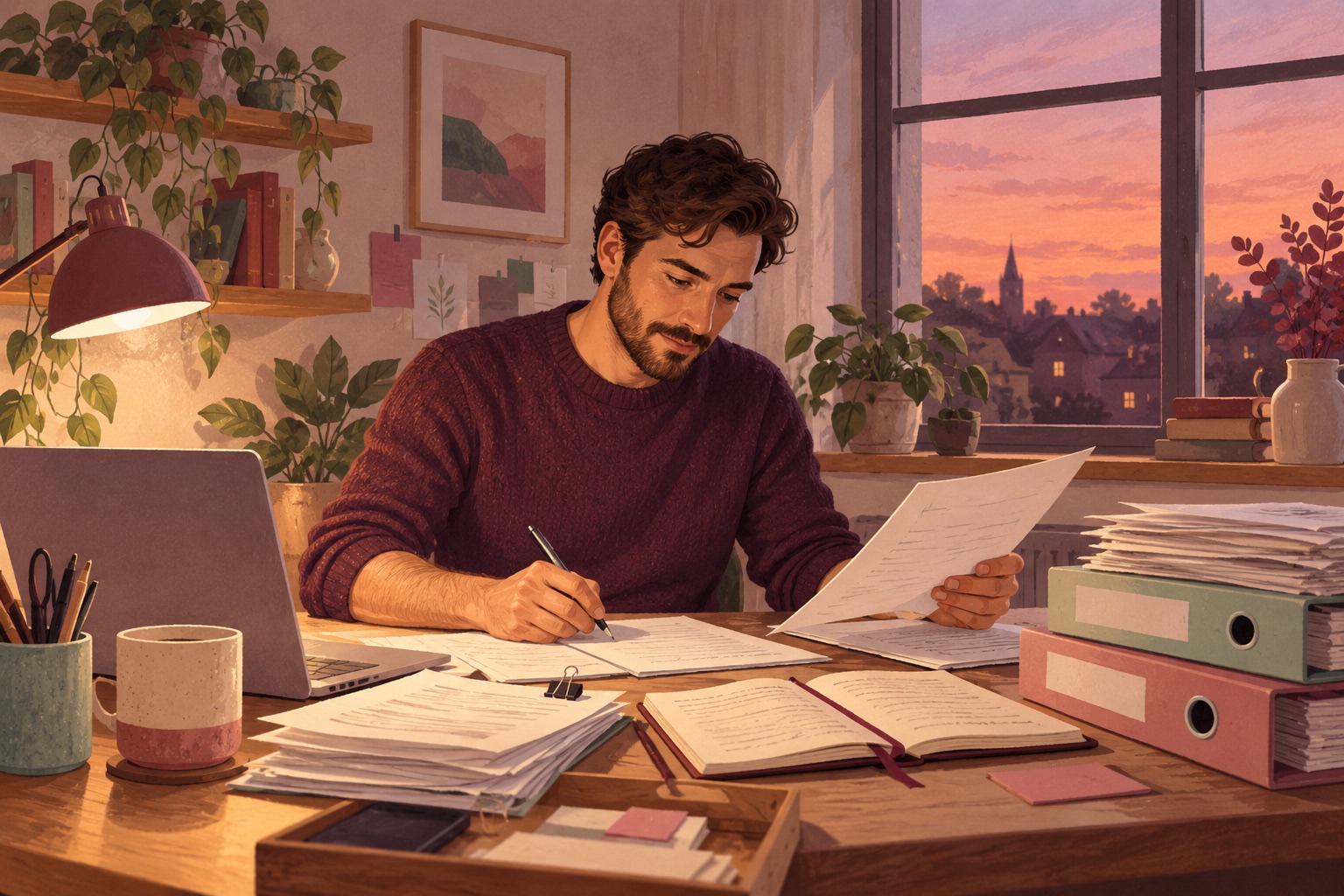Illustration of a male founder working through paperwork in the evening.