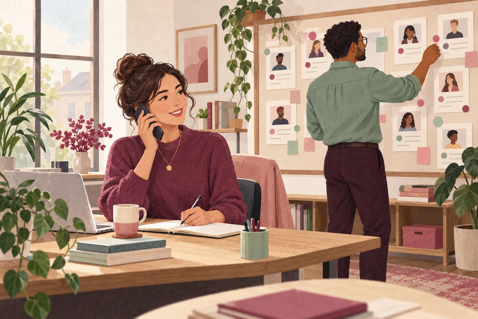 Illustration of a man and woman organising recruitment relationships and follow-up work.