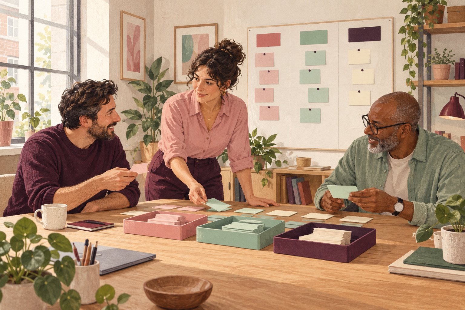 Illustration of a small mixed team organising shared tasks and records.