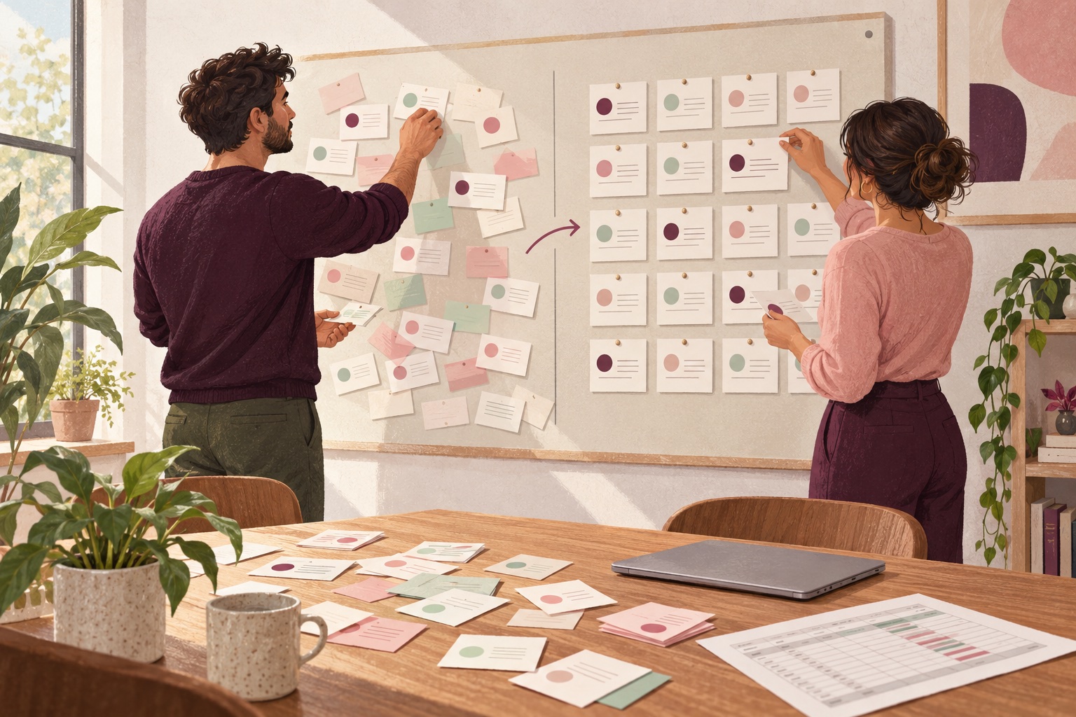 Illustration of a man and woman organising scattered client information into a shared CRM.