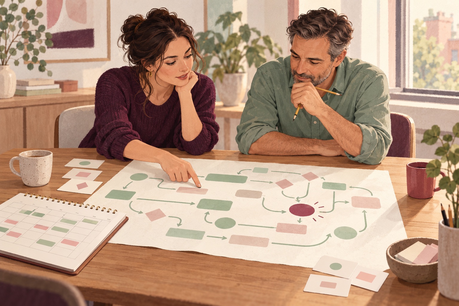 Illustration of a woman and man mapping repeated business tasks together.