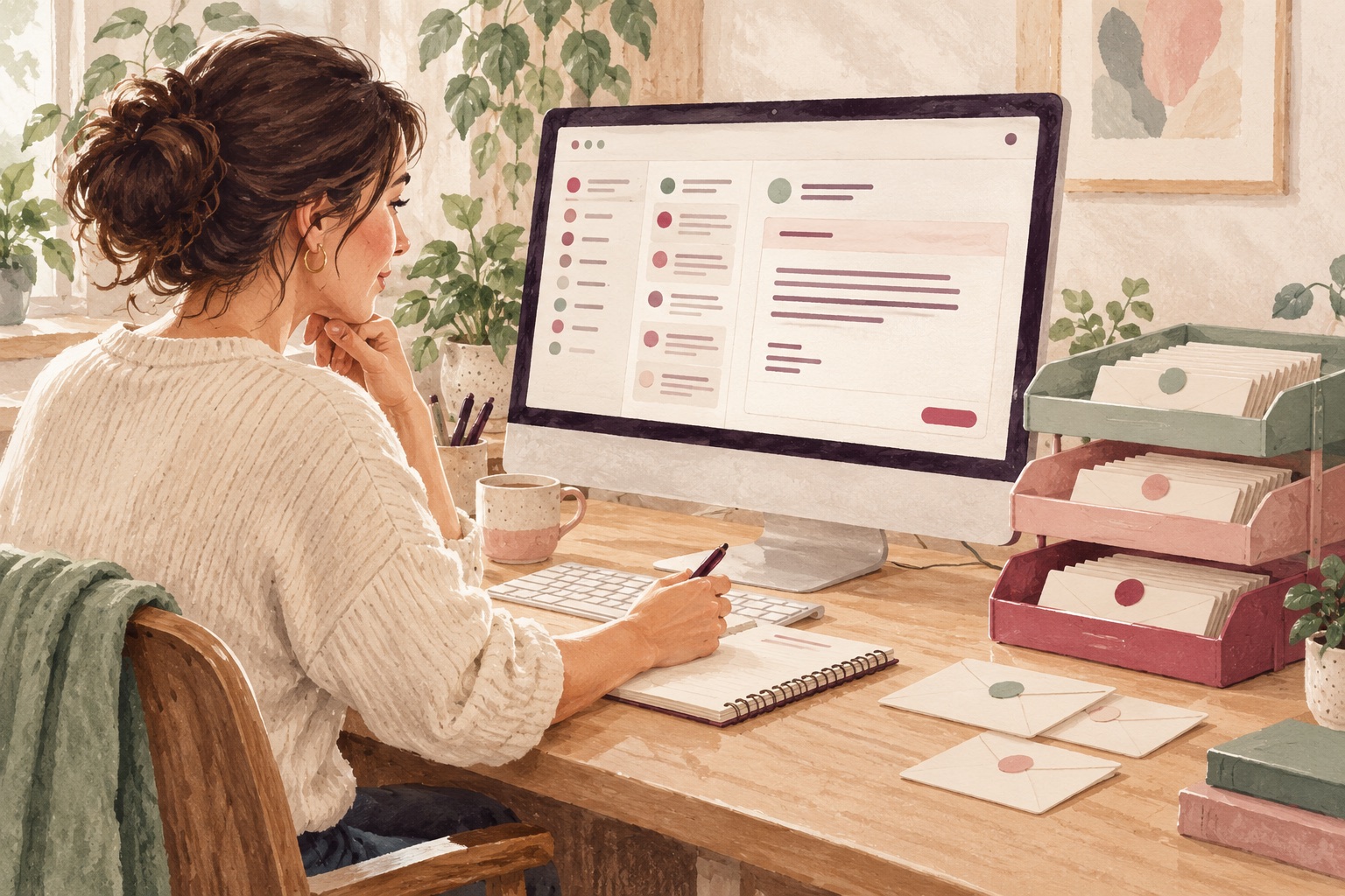 Illustration of a business owner reviewing an email draft beside colour-coded message trays.